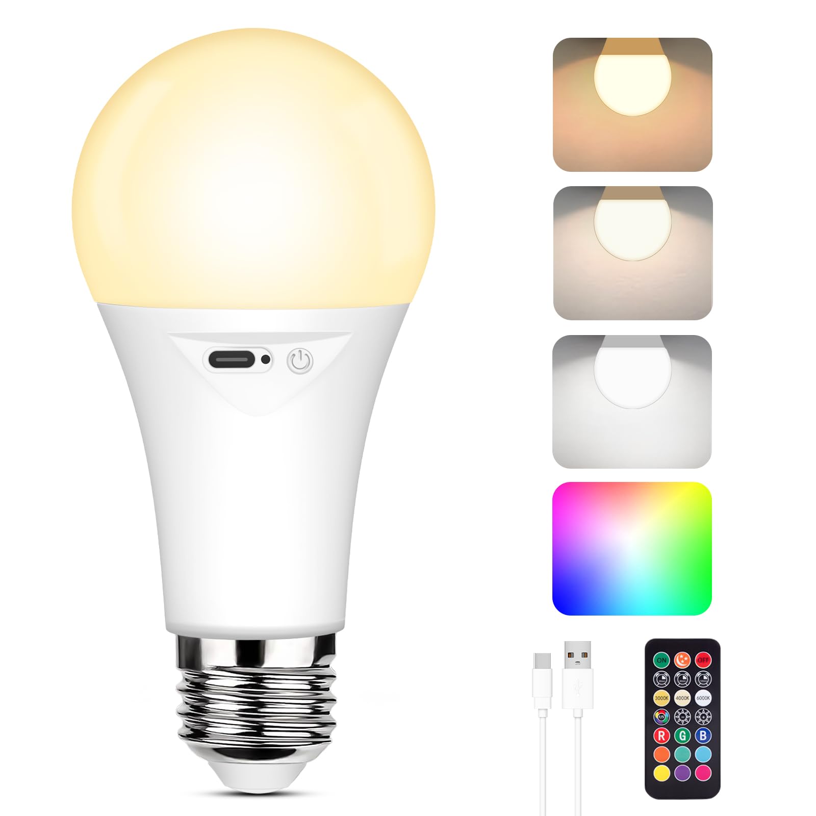 Photo 1 of Yochoice Rechargeable A19 Light Bulb, Battery Operated LED Bulb with 9 Colors Selectable & 3 Timer, Dimmable Light Bulb for Non-Hardwired Lamps with Remote Control