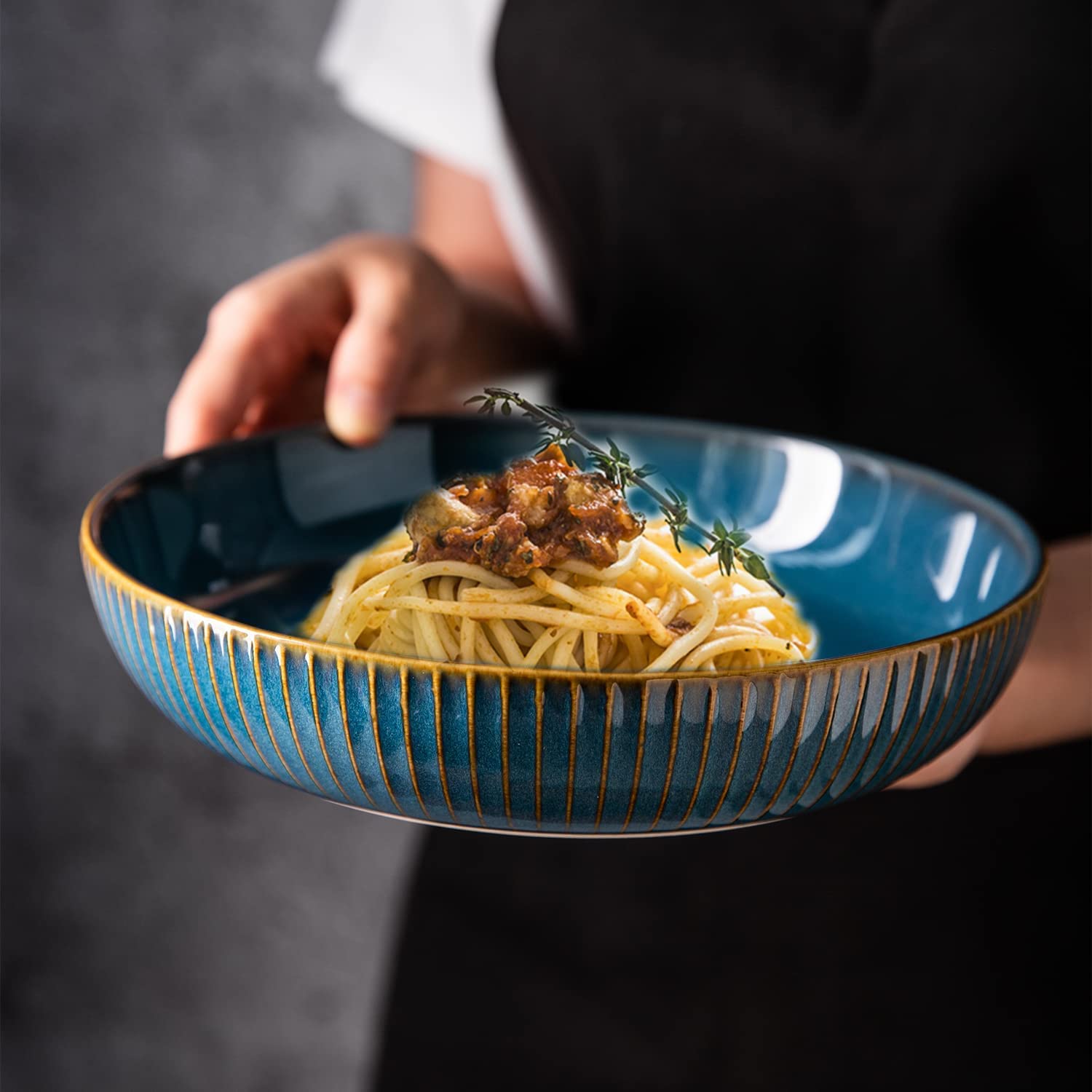 CSYY 2 Pcs Pasta Bowls, 21cm Ceramic Serving Bowls, Blue Round Premium Porcelain Dinner Bowl Sets, 1000ml Bowls Plates Set for Pasta, Salad, Soup, Fruit