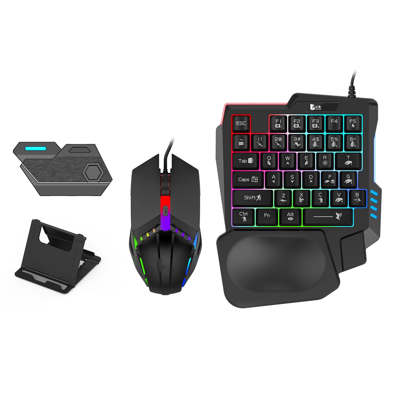 Gugxiom One Hand RGB Gaming Keyboard and Mouse Combo, Half Hand Mechanical Feeling Keyboard, for Mobile, Games