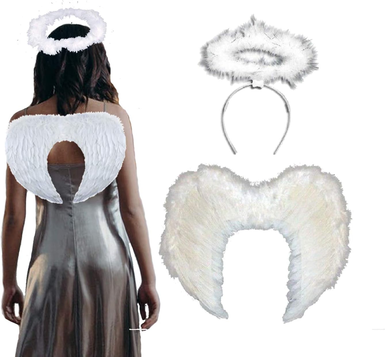 Lizzy Black Feather Wings + Halo Headband, White