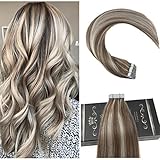 Ugeat 24 inch Seamless Skin Weft Hair Extensions Color #10 Mix Color 613 Two Tone Highlight Blonde Double Sided PU Tape Hair Extensions Remy Human Hair Extensions