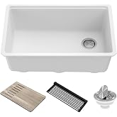 KRAUS White 30 in Undermount Granite Kitchen Sink KGUW1-30WH | Quartz composite white granite, integrated ledge for accessories, cutting board and roll-up rack included, heat-safe