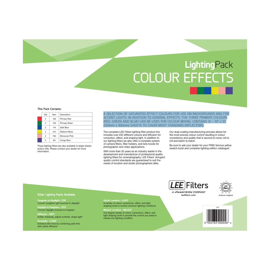 LEE Filters Colour Effects Lighting Gel Filter Pack 250mm x 300mm – Contains 6 Colours for use in Studio, 2 Sheets Per Colour Totalling 12 sheets