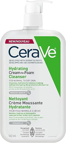 CeraVe Hydrating Cream-to-Foam Face Cleanser, One-Step Face Wash With Hyaluronic Acid & Amino Acid Complex, Gently Cleanses Skin, Non-Comedogenic, Fragrance-Free, Normal to dry skin, 562mL