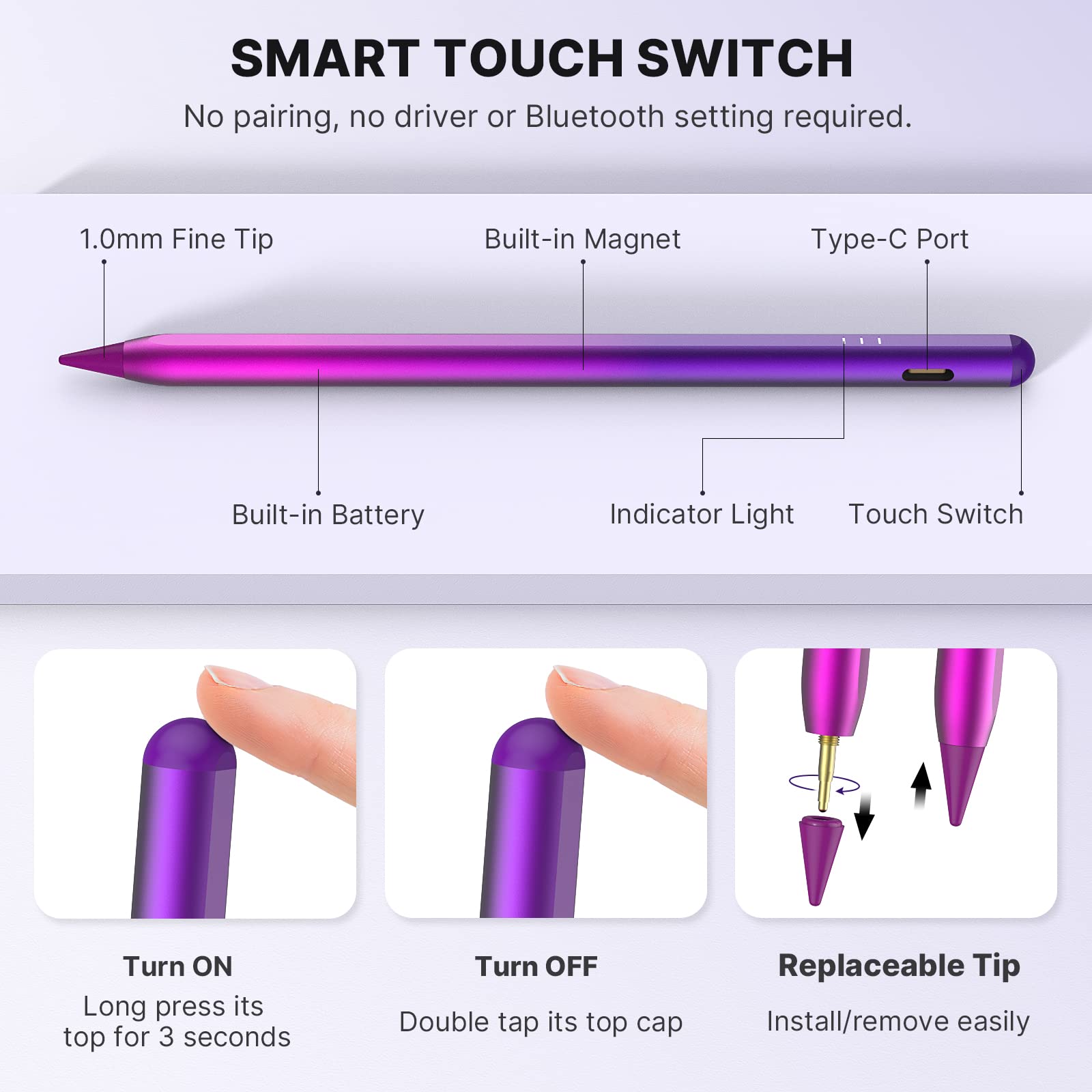 MoKo USB-C Stylus Pen for iPad 10/9,iPad Pro 13/11 Inch (M4) 2024,iPad Pro 12.9,iPad Pro 11,iPad 8/7/6,iPad Air 13/11 Inch (M2) 2024/5/4/3,iPad Mini 6/5,Palm Rejection Tilt Sensitivity,GradientPpl