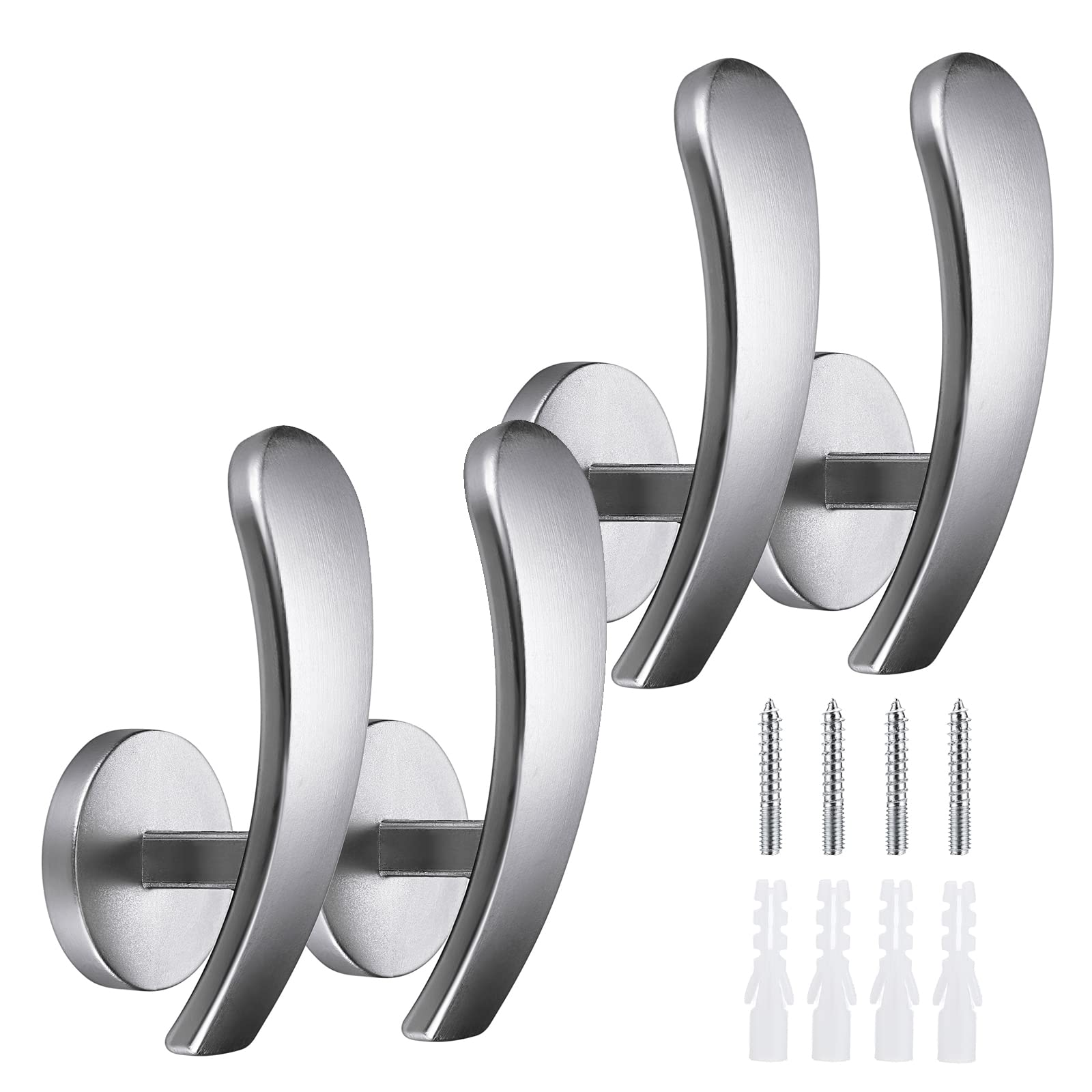 BSTKEY Set of 4 Aluminum Alloy Curtain Hooks, Decorative Wall Mounted Window Curtain Drapery Tiebacks Holdbacks, Curtain Holder with Screws, Silver