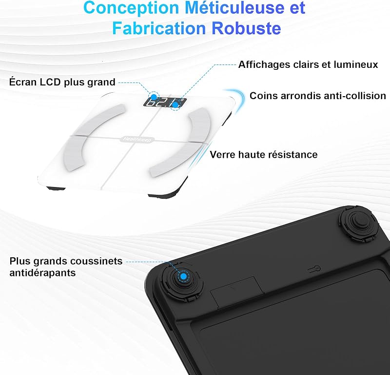 Pèse Personne Numériques, Balance Connectée Bluetooth Impédancemètre avec 13 Données Corporelles (BMI/Graisse Corporelle/Masse Osseuse/BMR/Muscle/Eau) pour APP Max 180kg