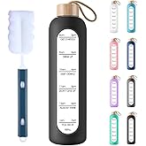 PROBTTL 32 Oz Borosilicate Glass Water Bottle with Time Marker Reminder Quotes, 1 Liter Leak Proof Reusable BPA Free Motivational Water Bottles with Silicone Sleeve and Bamboo Lid (Black)