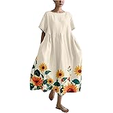 MARSVOVO Japanese Art Dress for Women 2024 Plus Size Vintage Floral Boho Style Loose Fit Linen Blend Flower Dresses