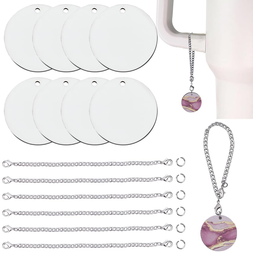 SOFPLATE 1 Box 15 Sets Blank Cup Charms Sublimation Charm Blanks Flat Round key blanks Bulk Sublimation Charm Accessories with Aluminum Chains Stainless Steel Jump Rings For Cups Tumbler DIY Crafts