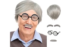 IMEYLE 4 Pcs Set Old Men Wig (2 Eyebrows+1 Mustache+1 Glasses+1 Wig Cap) 100 Days of School Grandpa Costume Accessory Kit Short Sliver Grey Hair Wig Men for Costume Halloween Party+Wig Cap