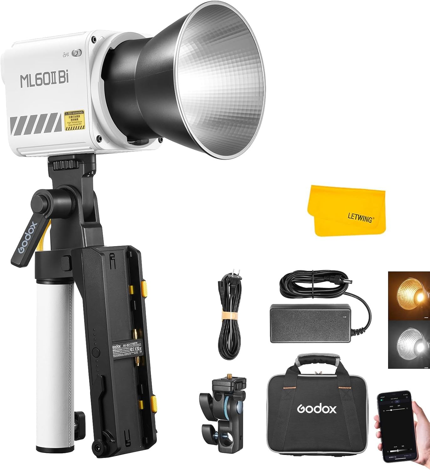 Photo 1 of Godox ML60IIBi Bi-Color LED Video Light,70W Portable COB Continuous Output Lighting 2800K-6500K CRI 96+/TLCI 97+,11 FX Effects, APP Control Ultra-Quiet Handheld LED Light with AK-B01 Battery Base