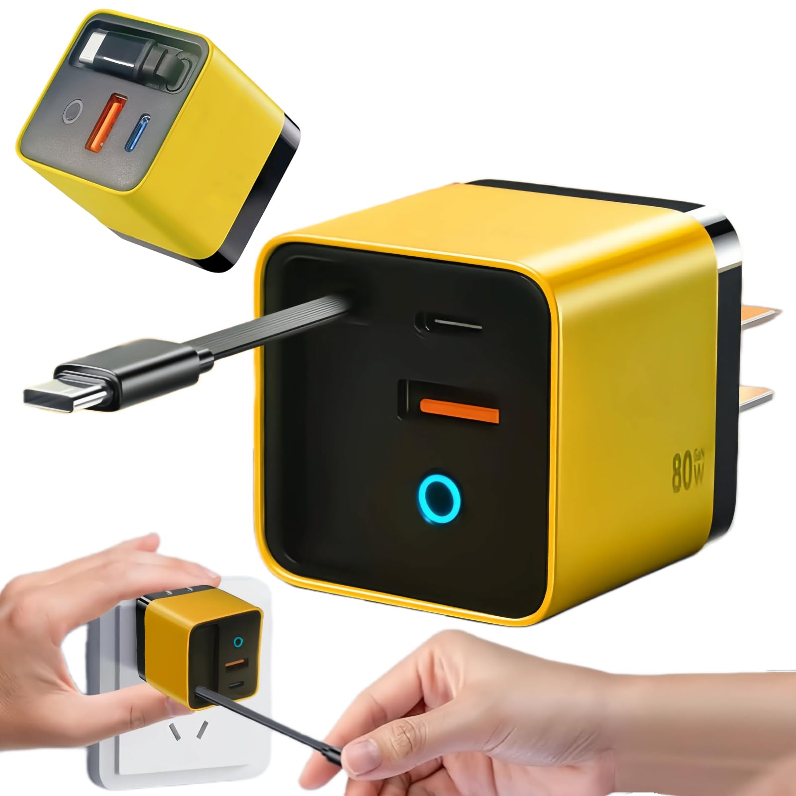 Photo 1 of 3 in 1 GaN Charger,80w Fast Charger Adapter with Type-C Cable & 2 USB Ports,Multi-Functional Retractable All in one Charger for Phone,Tablets,laptops (Yellow)