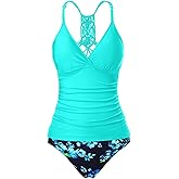Holipick Tummy Control Two Piece Tankini Set Swimsuits for Women V Neck Tankini Top Bathing Suits with Swim Bottom