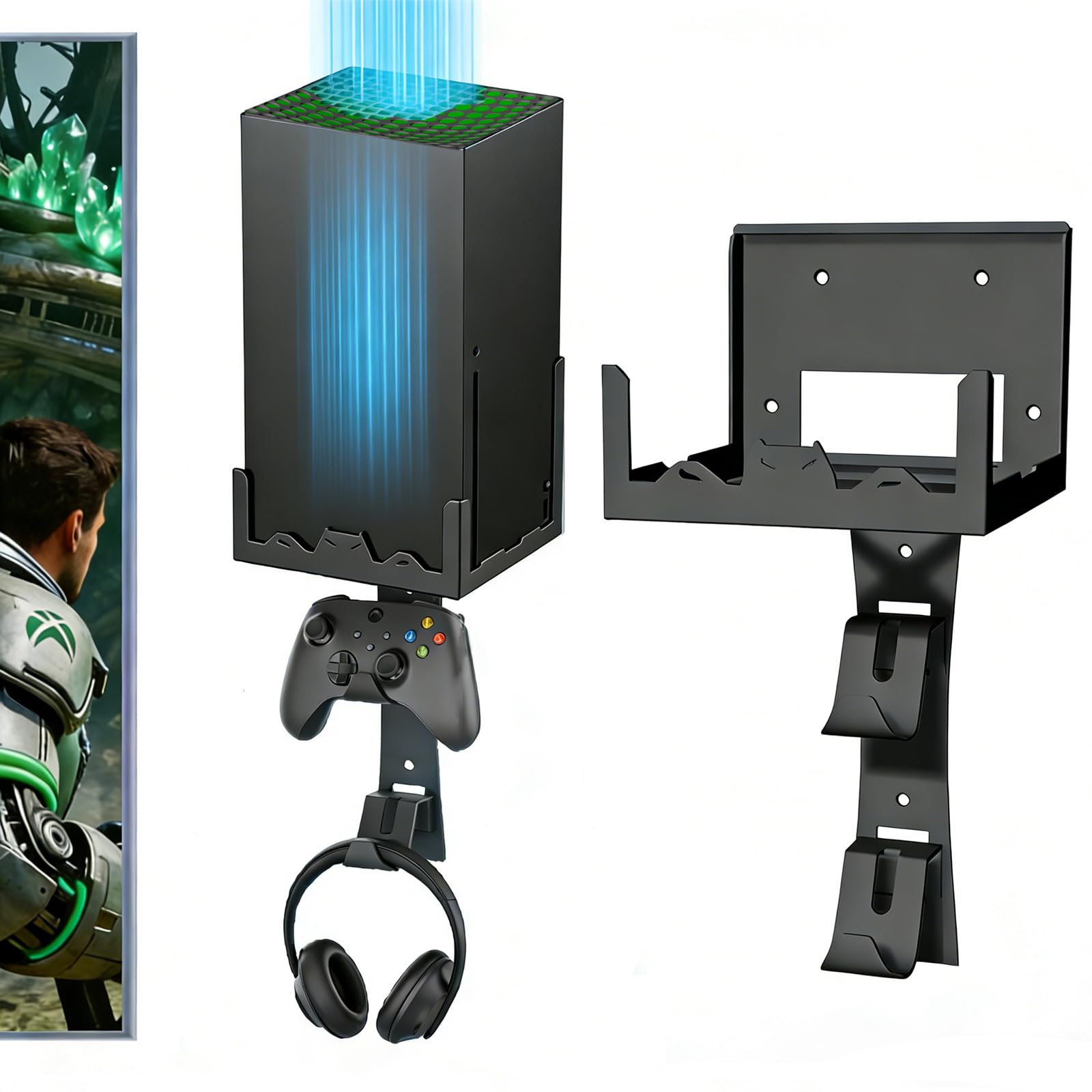 BracNova Wall Mount Kit for Xbox Series X-Steel Wall Mount Shelf Stand with Detachable Controller Holder and Headphone Hook-Safely Store Your Xbox X Console Near or Behind Your TV