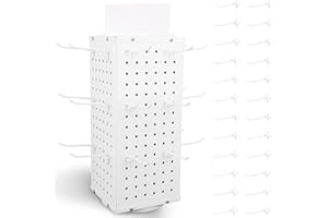 Zealor Rotating Pegboard Display Stand With 24 Hooks, 4-Sided Metal Spinning Peg Board Display 7.4"x7.4"x17" Spinner Pegboard Carousel Craft Rack Organizer (White)