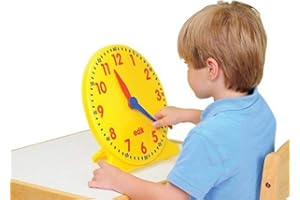 Constructive Playthings 12 in. Geared Learning Clock with Large 12-Hour Markings, Yellow, Blue and Red Colors, Plastic Teaching Clock for Classrooms, Teacher Supplies, Ages 5 Years and Up, 1-Pack