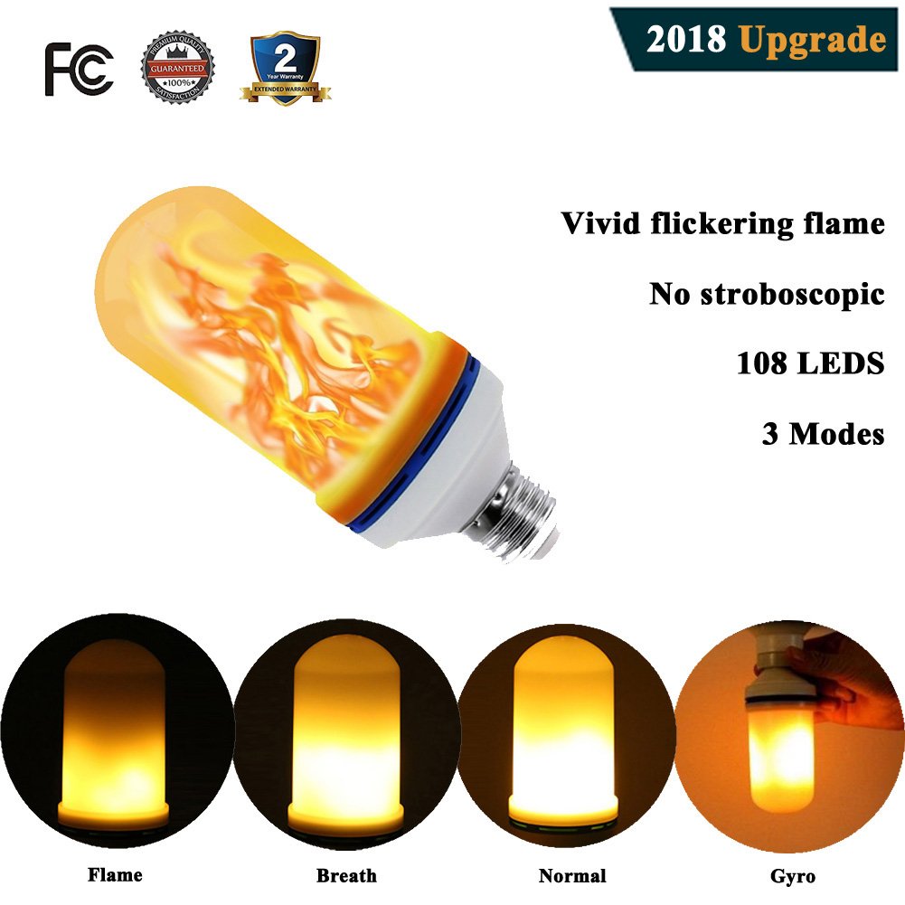 Romantic LED Flickering Simulation Flame Light Bulbs 3 Modes and Gyro Sensor,1500K True Fire Color,700 Lumens Nature effect,108pcs 2835 LED Beads