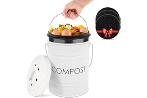 Vipush Compost Bin Kitchen Countertop Compost Bin with lid – Small Compost Bin Includes Inner Compost Bucket Liner & 3 Charcoal Filters, White