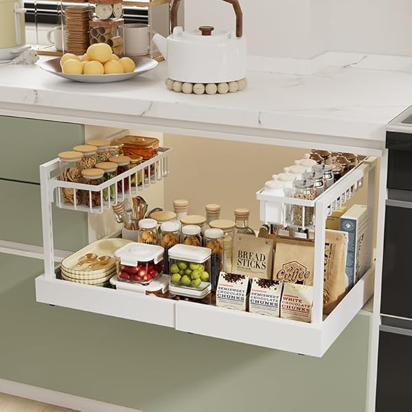 UNDER CABINET ORGANIZER RACK, WHITE METAL 2-TIER STORAGE SHELF, EXPANDABLE 32-52CM WIDTH, MODERN STYLE, KITCHEN COUNTER ORGANIZATION WITH HARDWARE