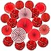 Recosis Hanging Paper Fan Set, Tissue Paper Pom Poms Flower Fan and Honeycomb Balls for Birthday Baby Shower Wedding Festival Decorations - Red