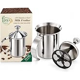 Fino Milk Creamer Frother Cappuccino Foam Pitcher with Handle and Lid, 18/8 Stainless Steel, 14-Ounce Capacity
