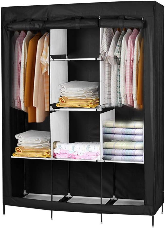 Queiting Fabric Canvas Bedroom Wardrobe Cupboard Clothes Hanging Rail Storage Shelves Black(127x47x169cm)