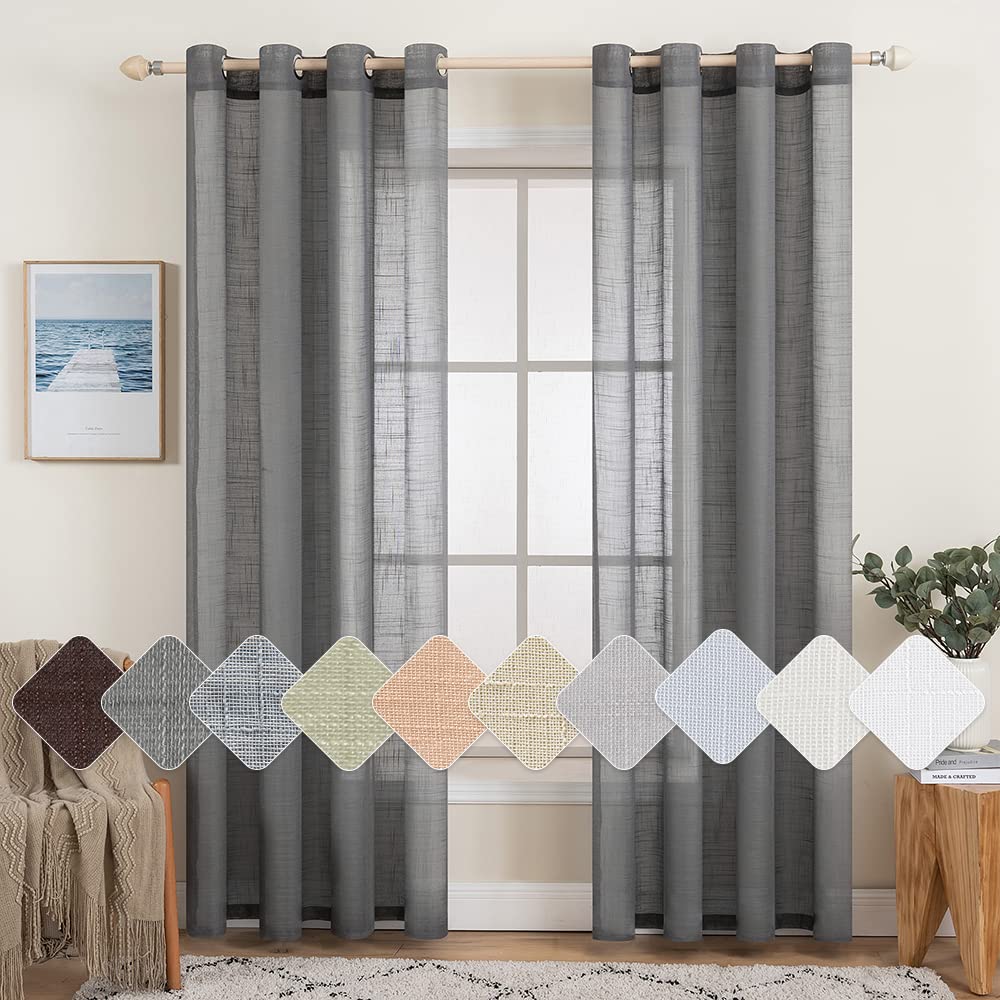 MIULEE 2 Panels Voile Curtains Sheer Cross Linen-like Solid Color Contemporary Decorative Ring Top Eyelet Panels for Bedroom Livingroom Nursery Room 55" Wx110 L Dark Grey