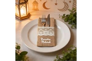 5 Pcs Ramadan Mubarak Natural Burlap Lace Cutlery Bag, Silverware Napkin Holder Knife and Fork Decoration Bag, Tableware Deco