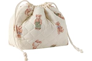 UEKEBOAG Cotton Quilted Drawstring Makeup Bag with Canvas Lining,Coquette Aesthetic Cute Travel Toiletry Bag,Drawstring Gift Bag for Women and Girls（04White Bear）