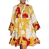 knowfashionstyle Womens Dresses 2025 Summer Boho Floral Button Tunic V Neck Dress Casual Long Sleeve Flowy Loose Shirt Dress