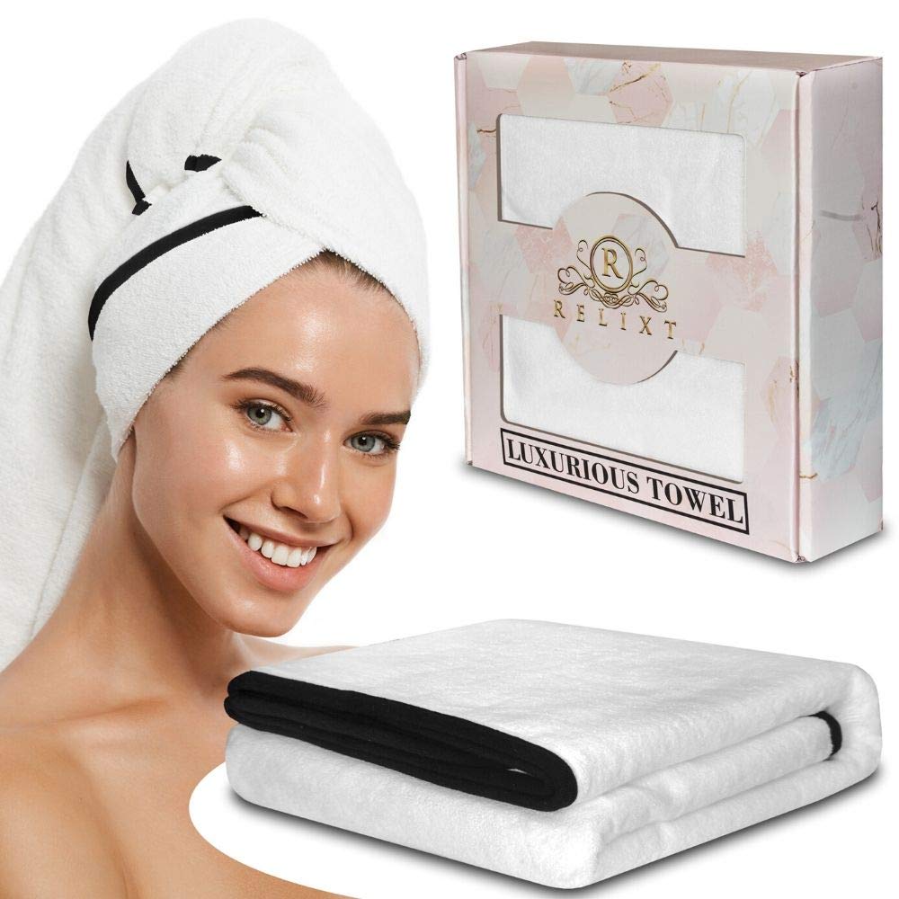RELIXT Quick Dry Microfiber Hair Towel for Women with Long Curly Plopping Wet Hair Original Turban Wrap Perfect Head Rapid Drying Anti Frizz Haircare (White)