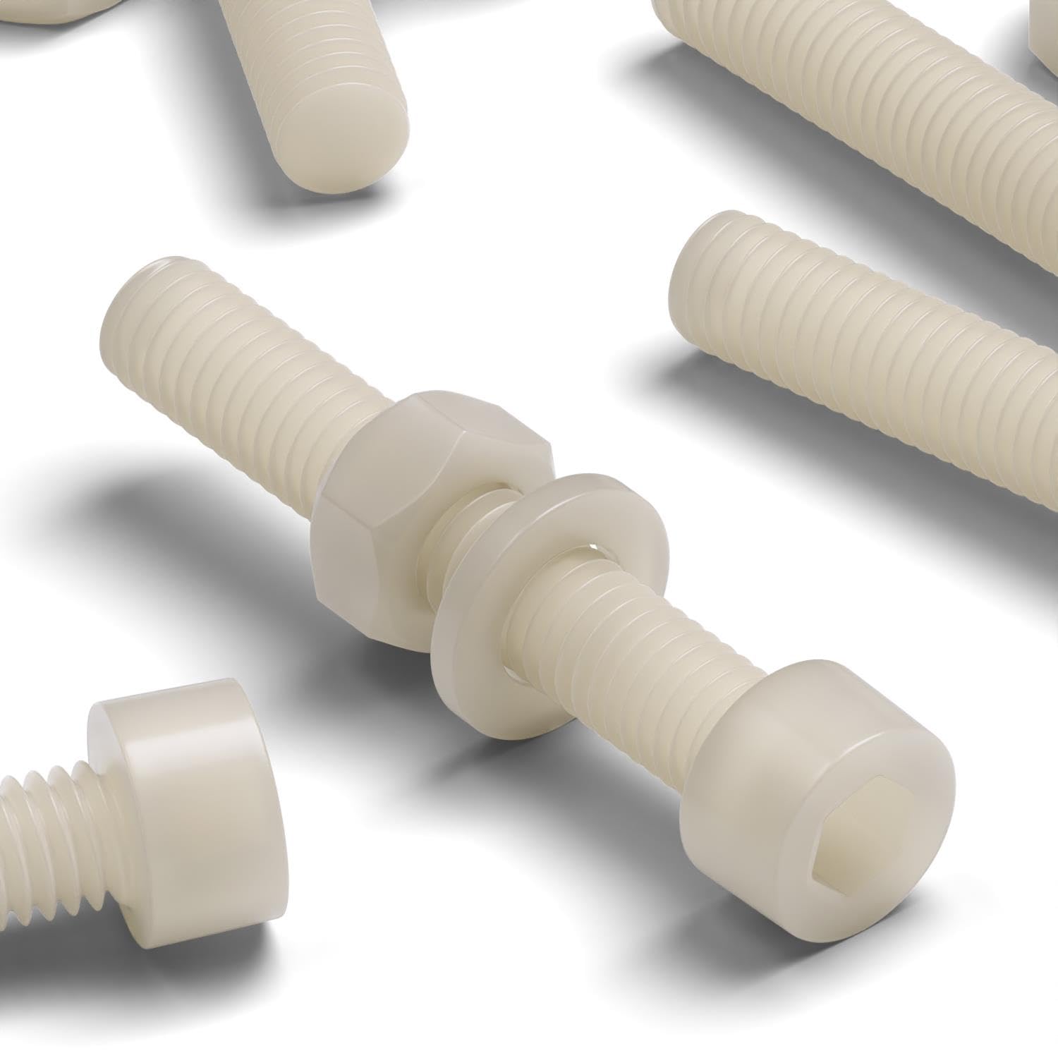 50 x Nylon Natural Socket Head, Plastic Machine Screws, M6 x 40mm, Plastic Bolts, Nuts & Washers