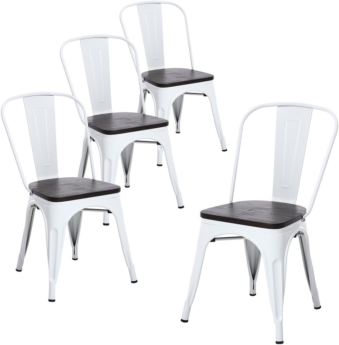 Buschman Set of Four Matte White Wooden Seat Metal Indoor/Outdoor Stackable Chairs with Back