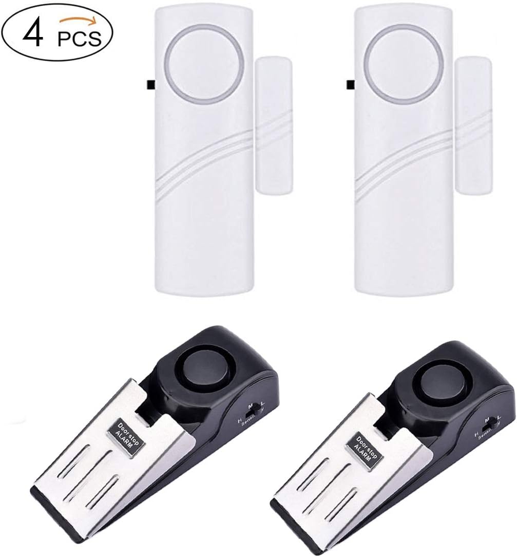 120DB Door Stop Alarm + Door/Window Alarm Doorbell, Door Stopper Home Security System, Security Sensor Burglar Siren Detector, Great for Traveling Home Garage Dorm RV Office (2 stoppers + 2 bells)