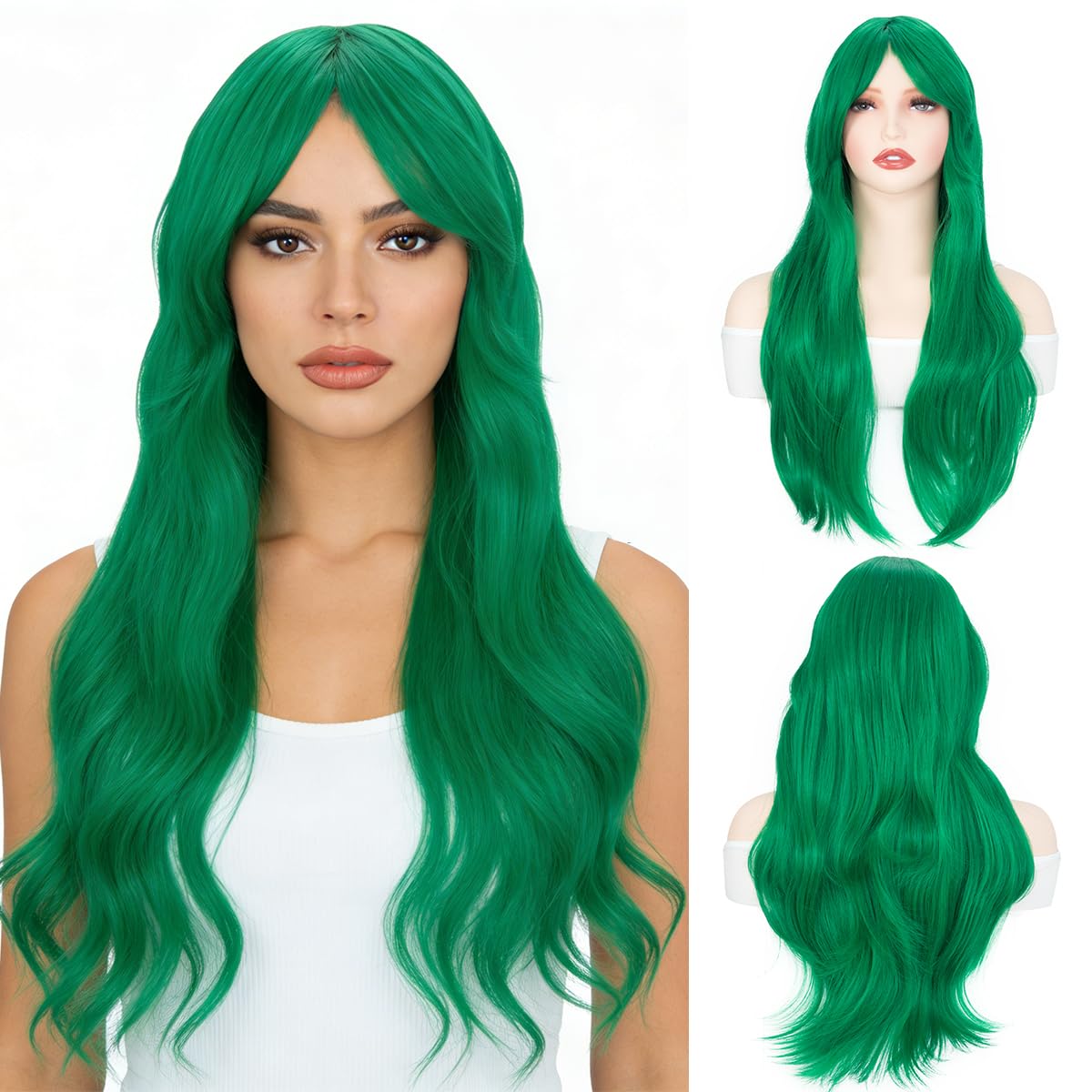 Yamel Green Wig Long Natural Wavy 28 Inches Glueless Full Party Wig Heat Resistant Synthetic Hair Wigs for Women
