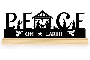 Adecortalk Metal Nativity Set for Christmas Decorations, Black Nativity Scene with Wooden Base for Xmas Decorations Indoor Home Tabletop Fireplace Office Decor 13 x 2.4 x 5.3 Inches(Peace on Earth)