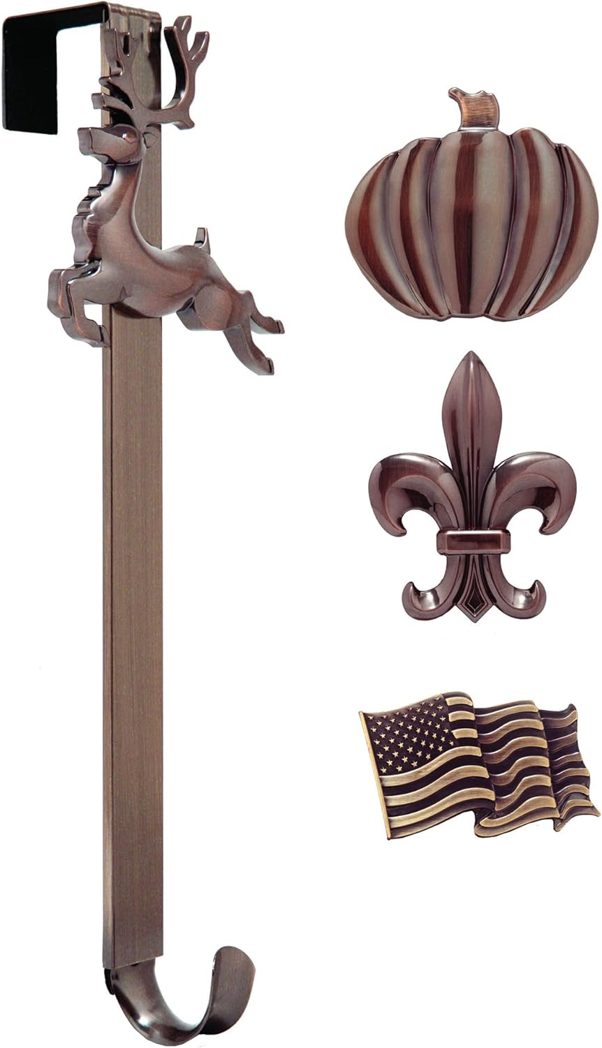 Wreath Hangers - Haute Decor Adapt Adjustable Length Wreath Hanger with Interchangeable Icons (Oil Rubbed Bronze-Flag/Reindeer/Pumpkin/Fleur de lis) - 4 Wreath Hangers in 1