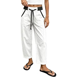 Flamingals Mid Rise Barrel Leg Crop Pants for Women | Two Tone Seam Front Drawstring Elastic Trendy Loose Fit Pants Without B