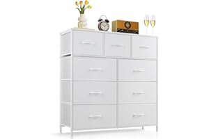 SAGENEST 9-Drawer Dresser for Bedroom, Anti-Tip Tall Storage Organizer Chest of Drawers with Wooden Top and Metal Frame Fabric Bins for Closet, Living Room, Hallway, Entryway, White