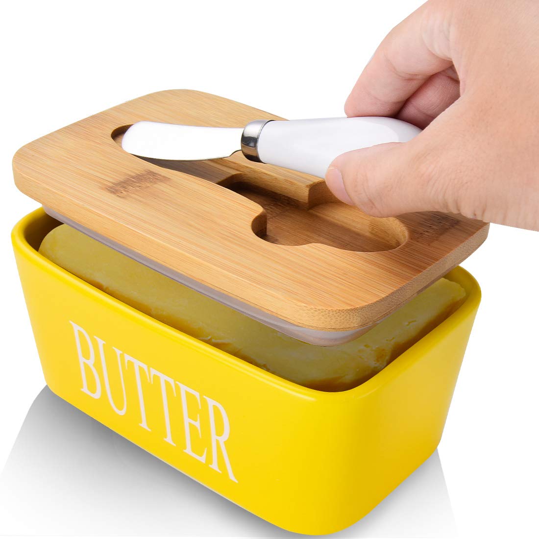 Large Butter Dish with Lid, Porcelain Butter Container with Knife Holds 2 Sticks of Butter with Double Silicone Seals design, Ceramic Butter Dish with Covers Perfect for East West Coast Butter,Yellow