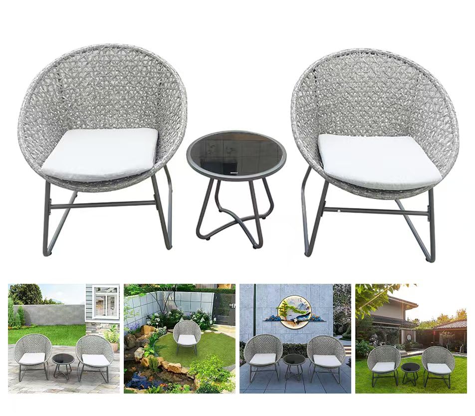 YIYAN 3 Pieces Outdoor Wicker Patio Conversation Bistro Set, All-Weather Rattan Patio Furniture Set with Table & Cushions, Outdoor Sectional Sofa for Patio, Balcony, Backyard, Deck(Light Grey)