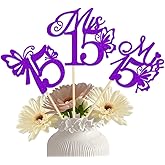 KEWUFD Happy 15th Birthday Party Decorations 12PCS Mis 15 Centerpiece Sticks Cheers to 15 Years Old Birthday Anniversary Party Supplies Purple Glitter