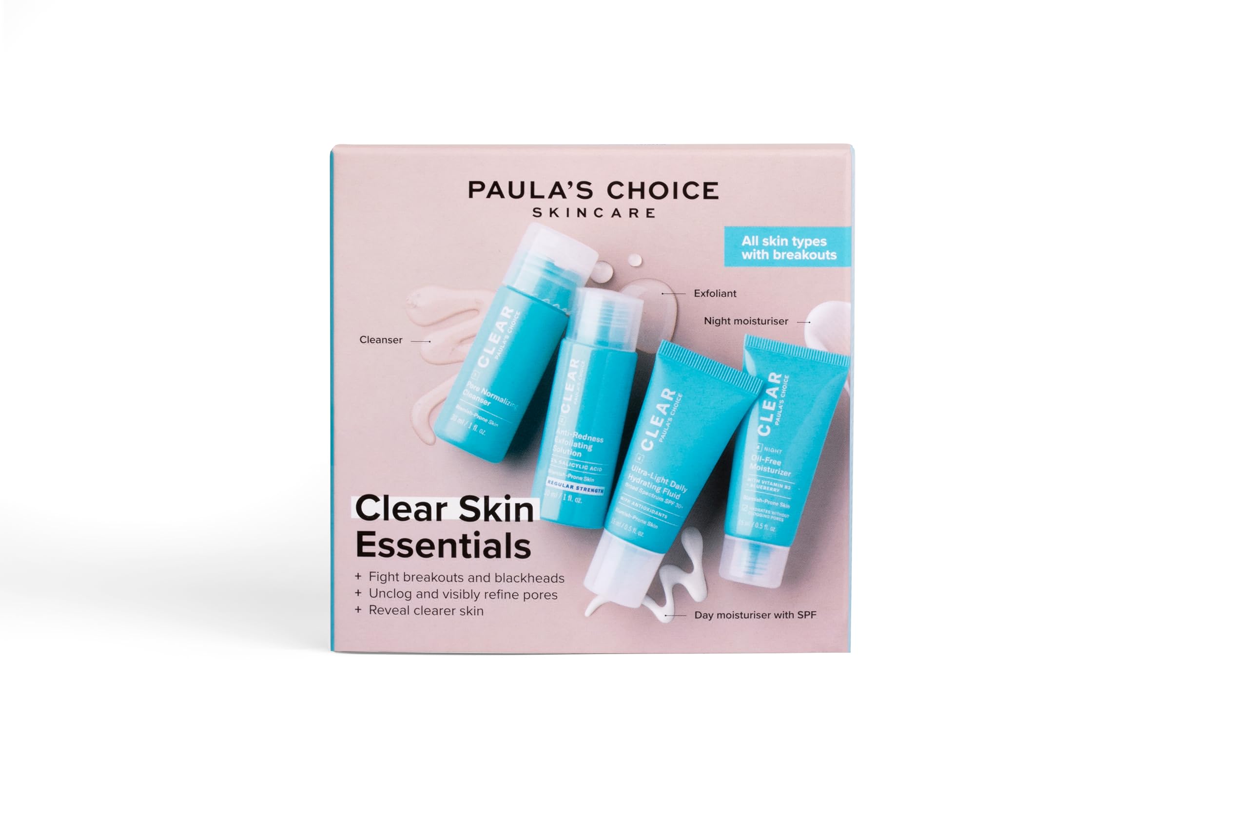 Paula's Choice CLEAR Skin Essentials Trial Kit - 3-Step Skincare Routine - Cleanse, Exfoliate & Hydrate - Blackhead Remover - Reduces Breakouts & Enlarged Pores - All Skin Types - Travel Size