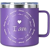 Christian Gifts for Women, 14oz Coffee Mug Inspirational Gifts Bible Verse Mug Insulated Stainless Steel Vacuum Tumbler with Flower Prints Appreciate Spiritual Presents for Female Baptism Sister, I am
