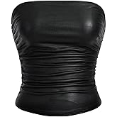 Floerns Women's Plus Size PU Leather Strapless Bandeau Clubwear Ruched Tube Tops