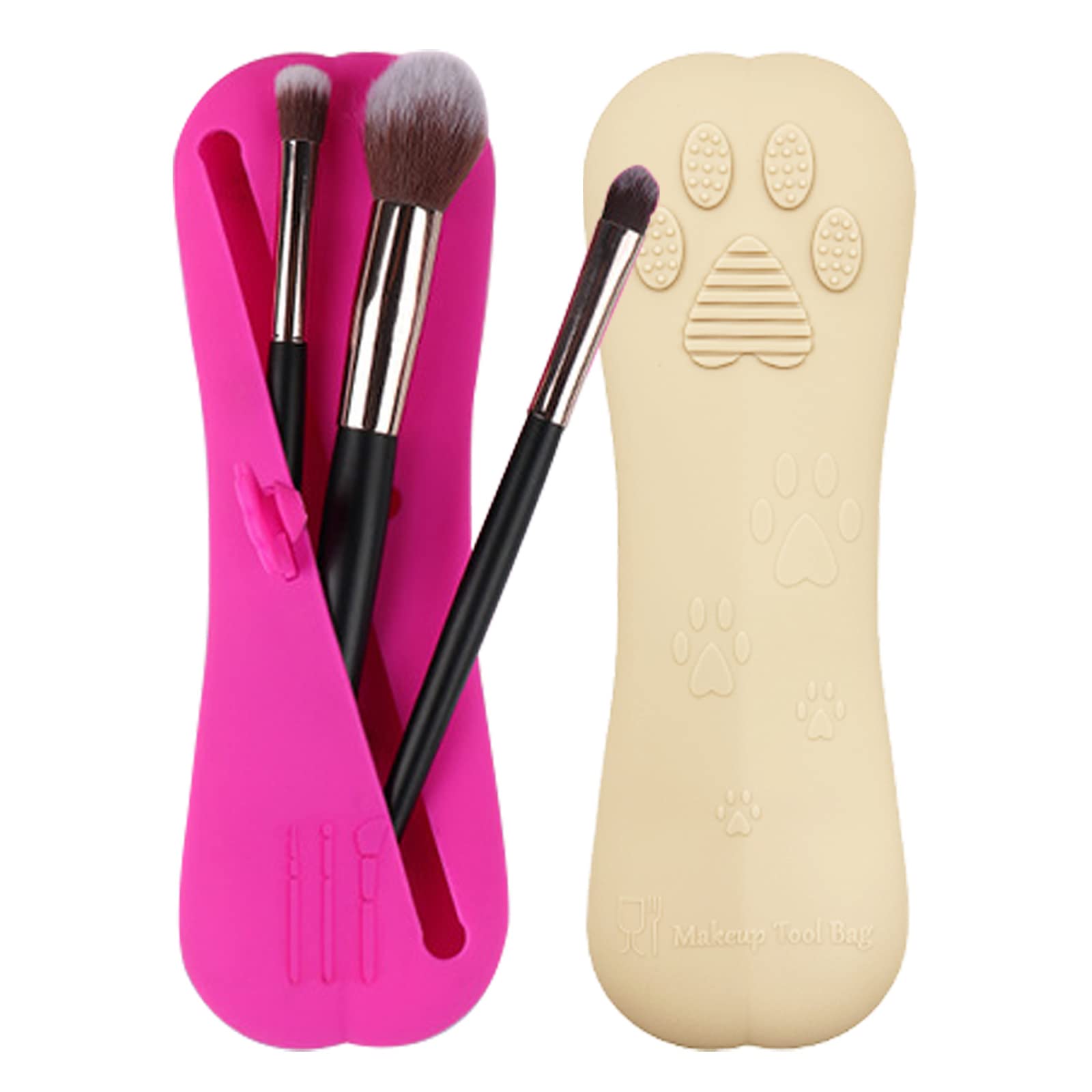 BSITSSS 2 Pcs Silicone Makeup Brush Holder, Travel Makeup Brush Holder, Portables Makeup Brush Case with Closure, Travel Essentials for Brushes Makeup Tools(Rose, Khaki)