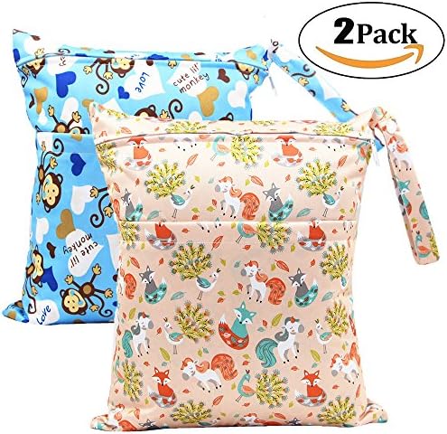 2 Pack Baby Wet and Dry Cloth Diaper Bags Waterproof Reusable with Two Zippered Pockets,12"x 14",Animals fox&amp;monkey 2 Pack