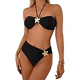 Aswwid Halter Bandeau Bikini Sets Women's Self Tie Back Two Piece Swimsuit High Waisted Sexy Bathing Suit