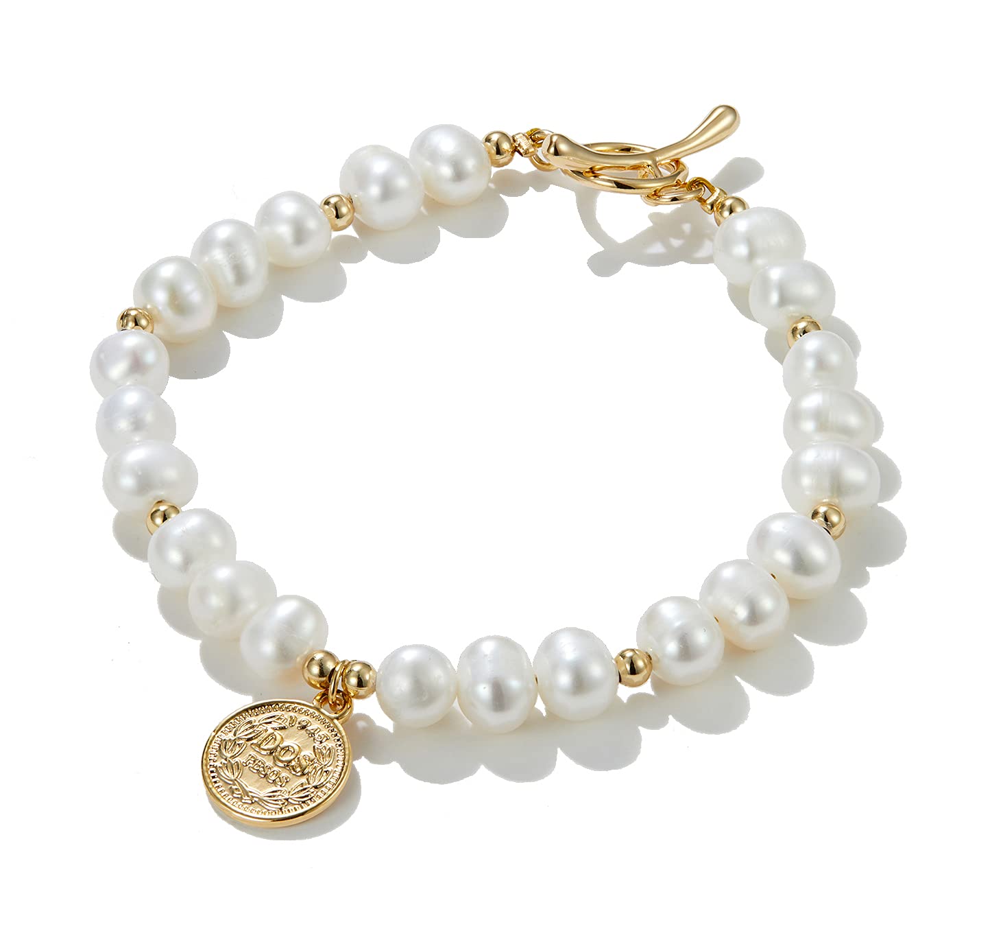 KVLmoze Pearl Bracelet with Coin Charm 6mm Handpicked Pearl Chain 18k Gold Plated Delicate Vintage Y2k Jewelry Gifts for Mom Women Girls
